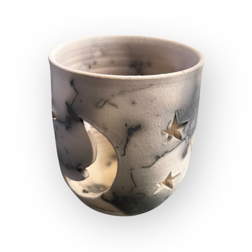 Handmade Raku Pottery Candle Holder Moon & Stars Cutout Celestial Votive White